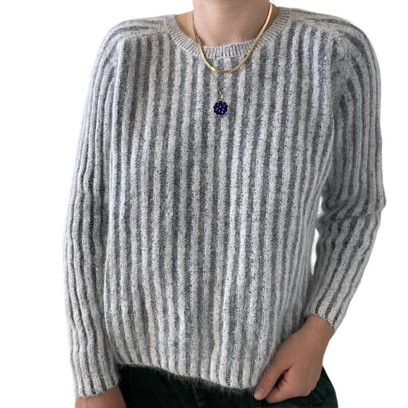 Womens Angora Blend Gray White Stripe Fluffy Fuzzy Soft Crewneck Preppy Sweater - Picture 4 of 7